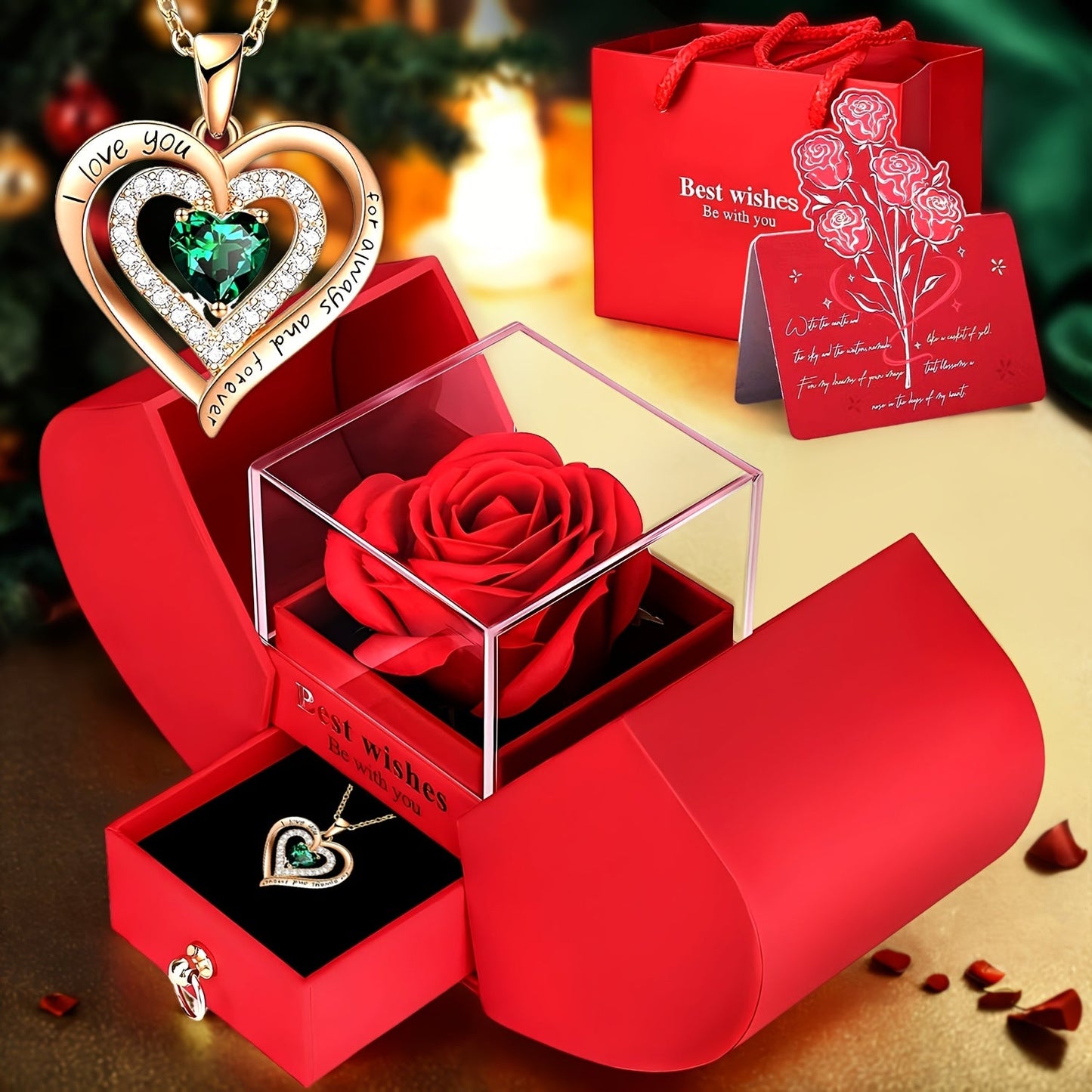 Red Rose & Green Necklace Gift Box - Romantic Valentine’s Day Jewelry Gift for Her