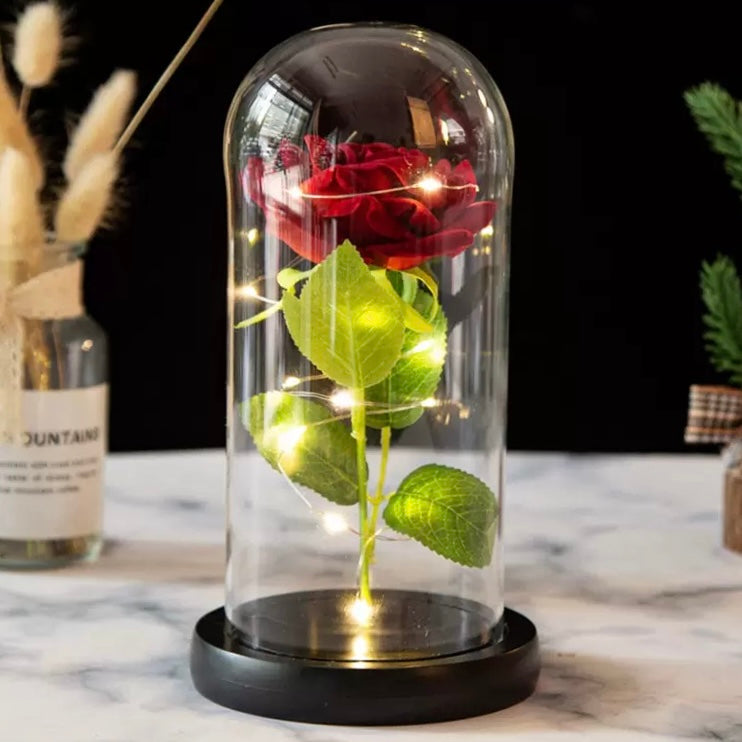 Eternal Rose in Glass Dome with LED Light – Artificial Silk Rose Gift for Her – Perfect for Special Occasions