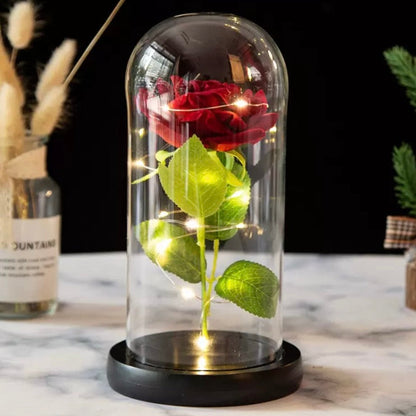 Eternal Rose in Glass Dome with LED Light – Artificial Silk Rose Gift for Her – Perfect for Special Occasions