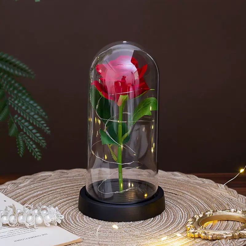 Eternal Rose in Glass Dome with LED Light – Artificial Silk Rose Gift for Her – Perfect for Special Occasions