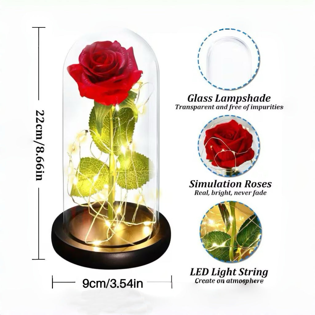 Eternal Rose in Glass Dome with LED Light – Artificial Silk Rose Gift for Her – Perfect for Special Occasions