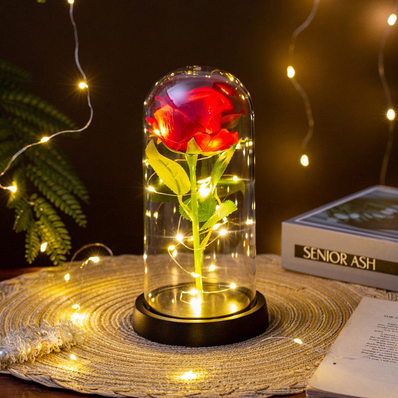Eternal Rose in Glass Dome with LED Light – Artificial Silk Rose Gift for Her – Perfect for Special Occasions