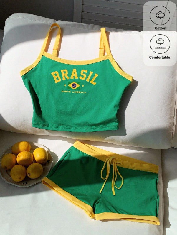 Brazil Letter Print Cami & Shorts Set – Women’s Y2K Summer Streetwear Outfit