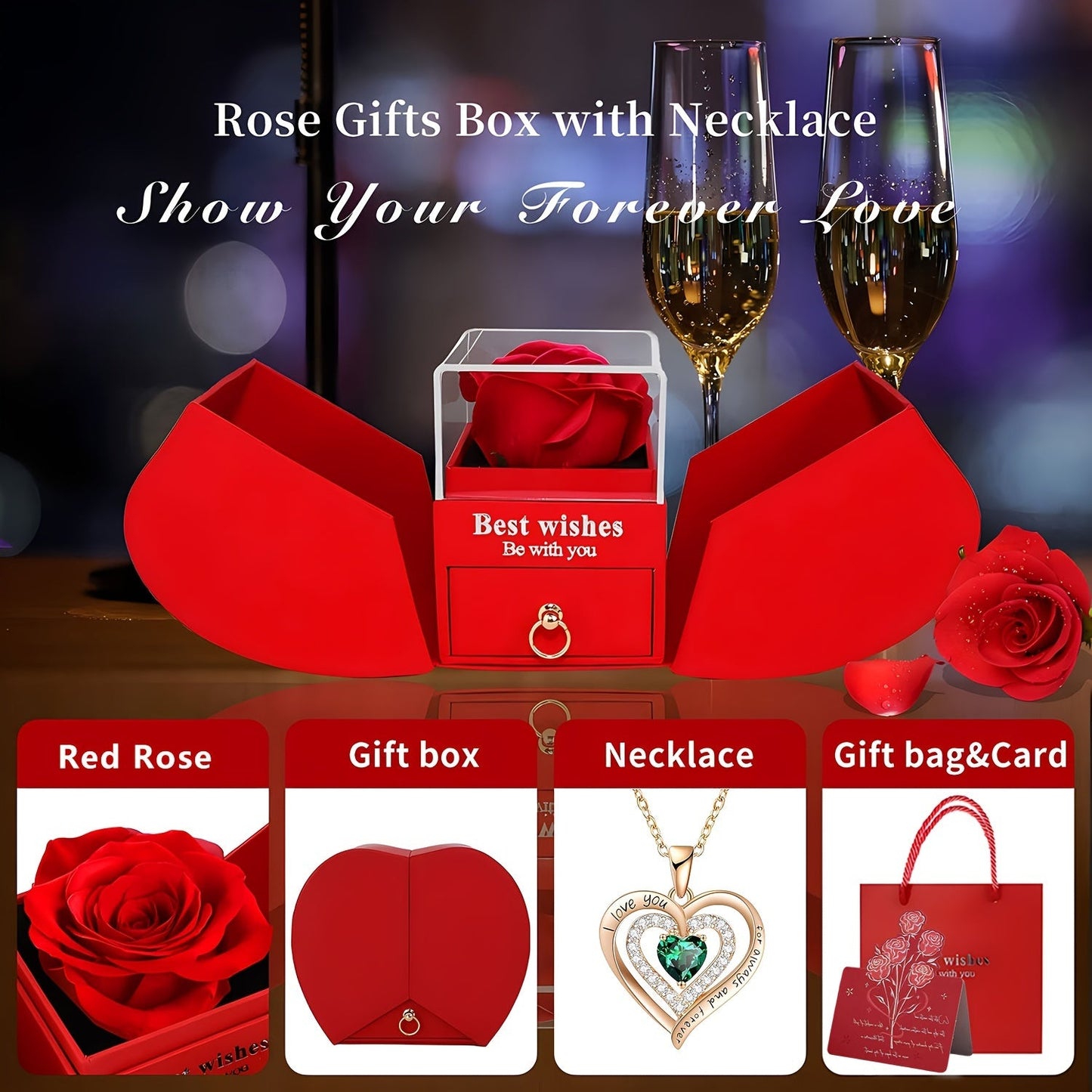 Red Rose & Green Necklace Gift Box - Romantic Valentine’s Day Jewelry Gift for Her