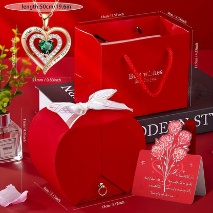 Red Rose & Green Necklace Gift Box - Romantic Valentine’s Day Jewelry Gift for Her