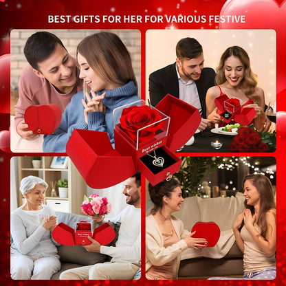 Red Rose & Green Necklace Gift Box - Romantic Valentine’s Day Jewelry Gift for Her