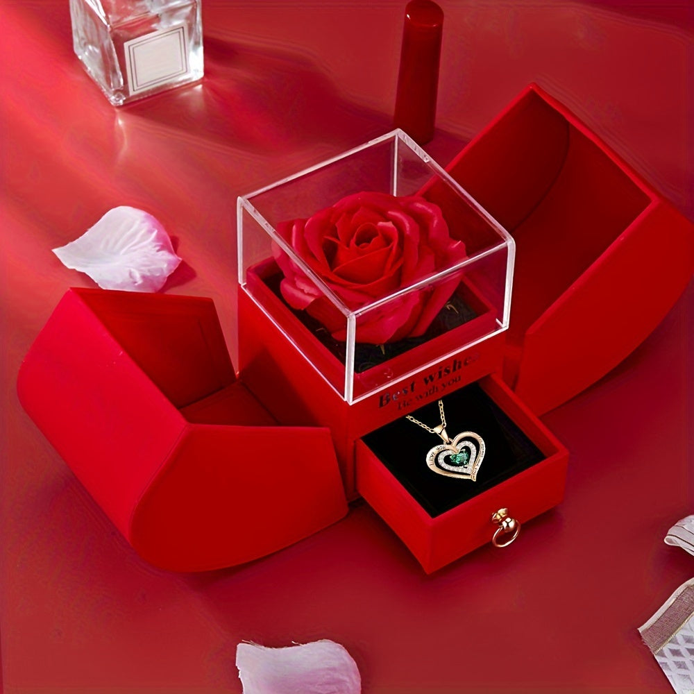 Red Rose & Green Necklace Gift Box - Romantic Valentine’s Day Jewelry Gift for Her