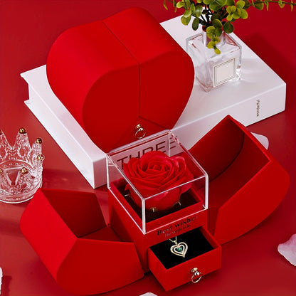 Red Rose & Green Necklace Gift Box - Romantic Valentine’s Day Jewelry Gift for Her