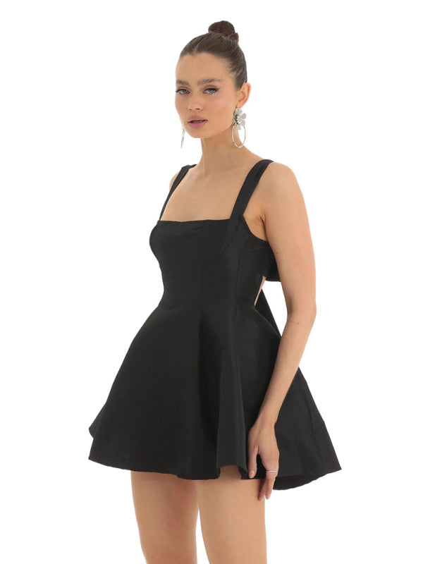 Ella's Backless Square Neck Bow Mini Prom Dress