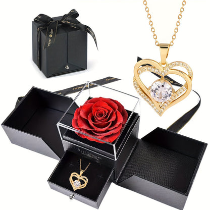 Double Heart Pendant Necklace Gift Box - Romantic Valentine’s Day Jewelry Gift for Her
