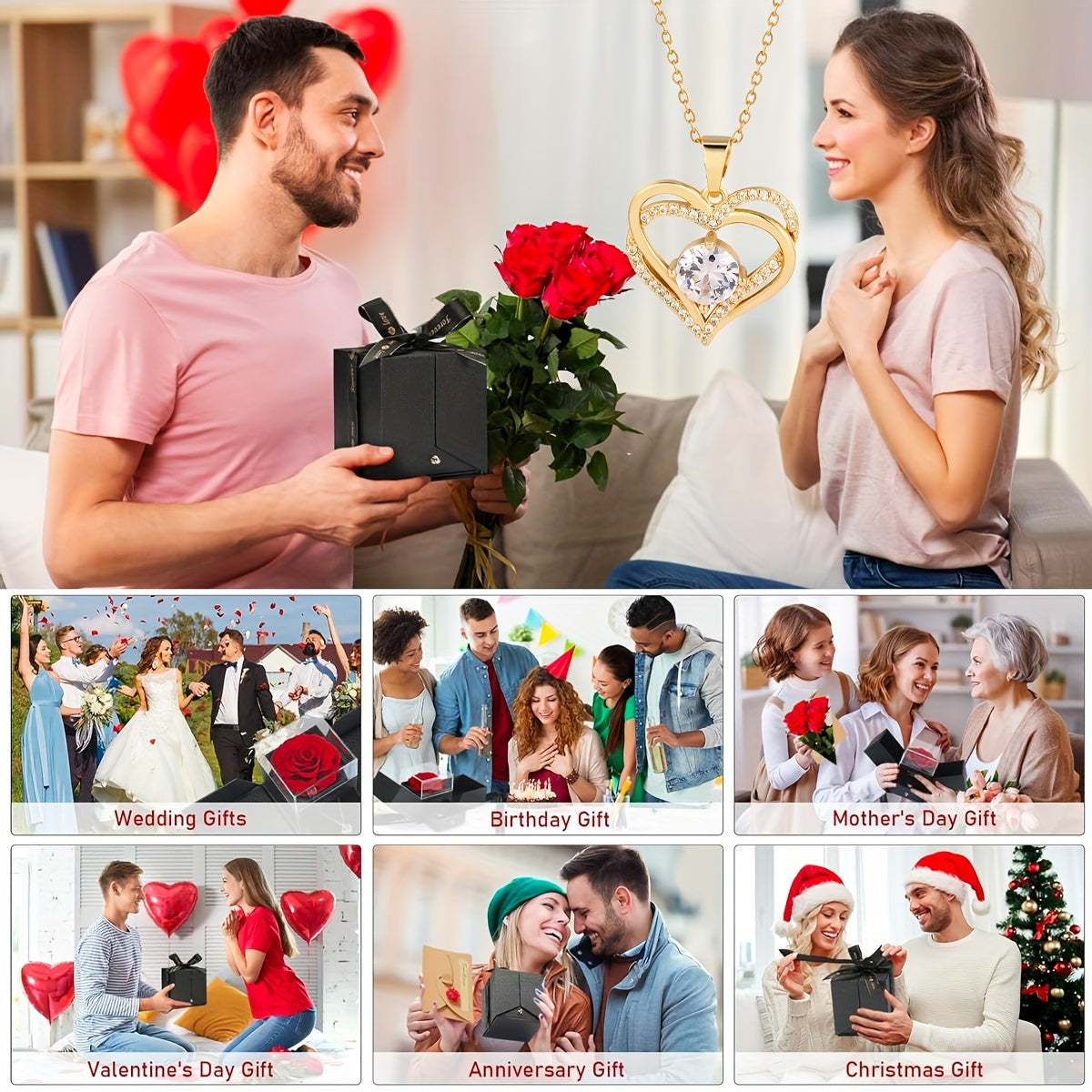 Double Heart Pendant Necklace Gift Box - Romantic Valentine’s Day Jewelry Gift for Her